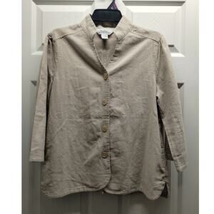 Vermont Country Store Size Small Beige Button-Up 3/4 Sleeves Linen Blend Shirt